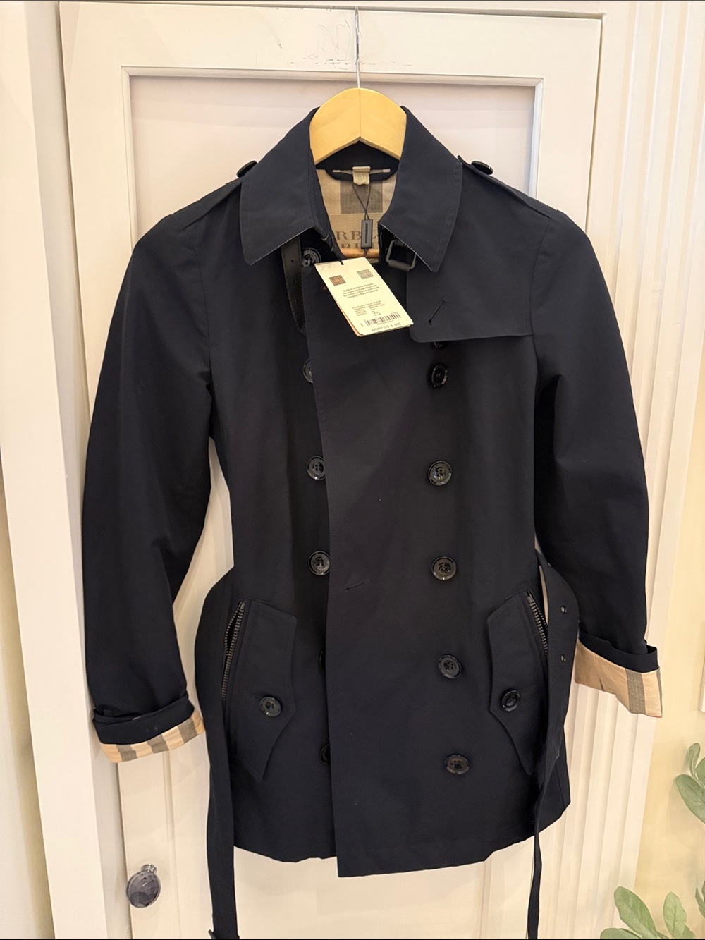 Burberry Navy Double-Breasted Trench Coat with Signature Check Cuffs